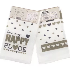 COUNTRY CLUB 100% Cotton Pack of 3 My Happy Place Design Velour Kitchen Tea Towels