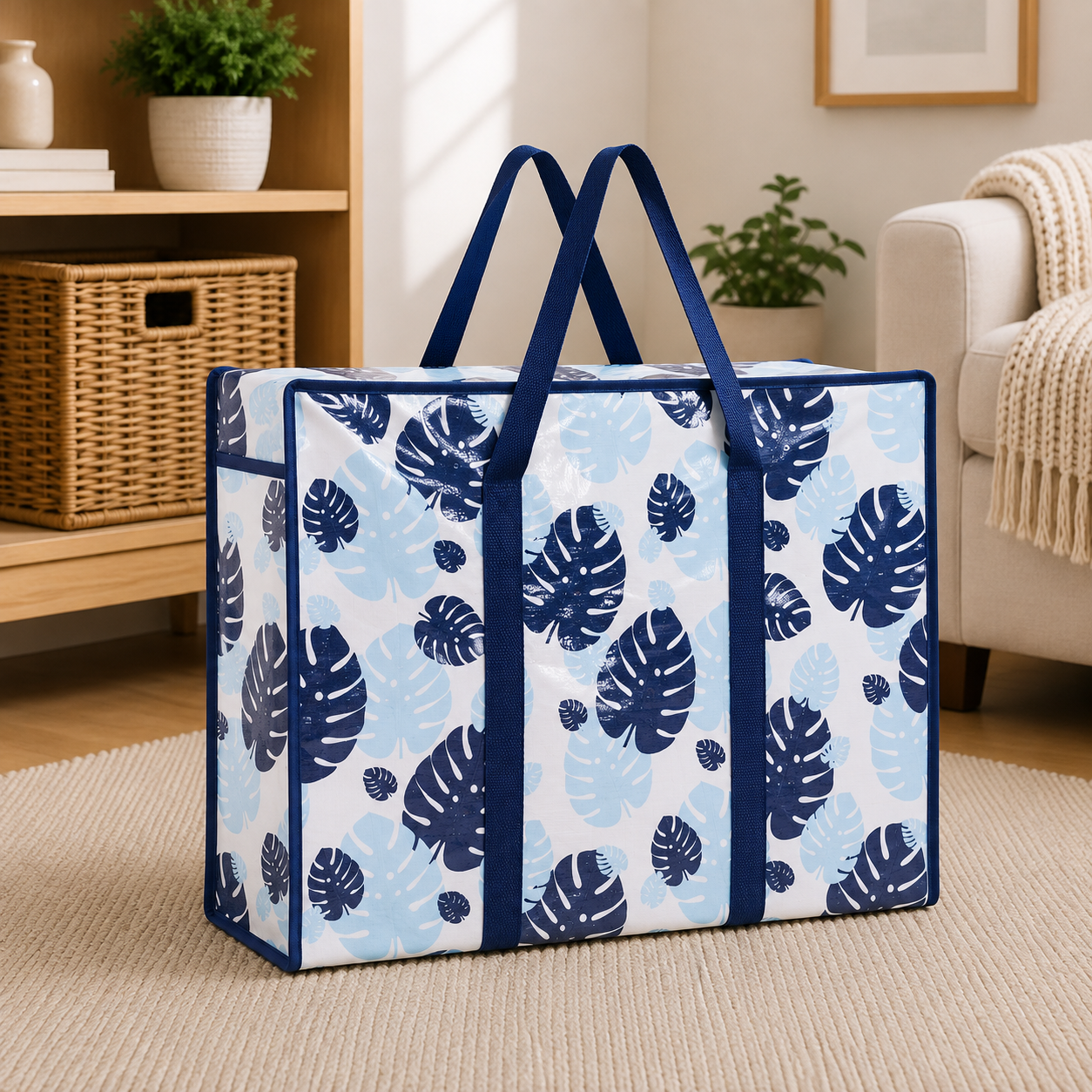 ChatGPT Image Aug 5 2026 08_47_53 AM - Butterflygifts Ltd Large insulated tote bag with blue leaf print, standing on a beige rug in a living room, ready for groceries or picnic use.