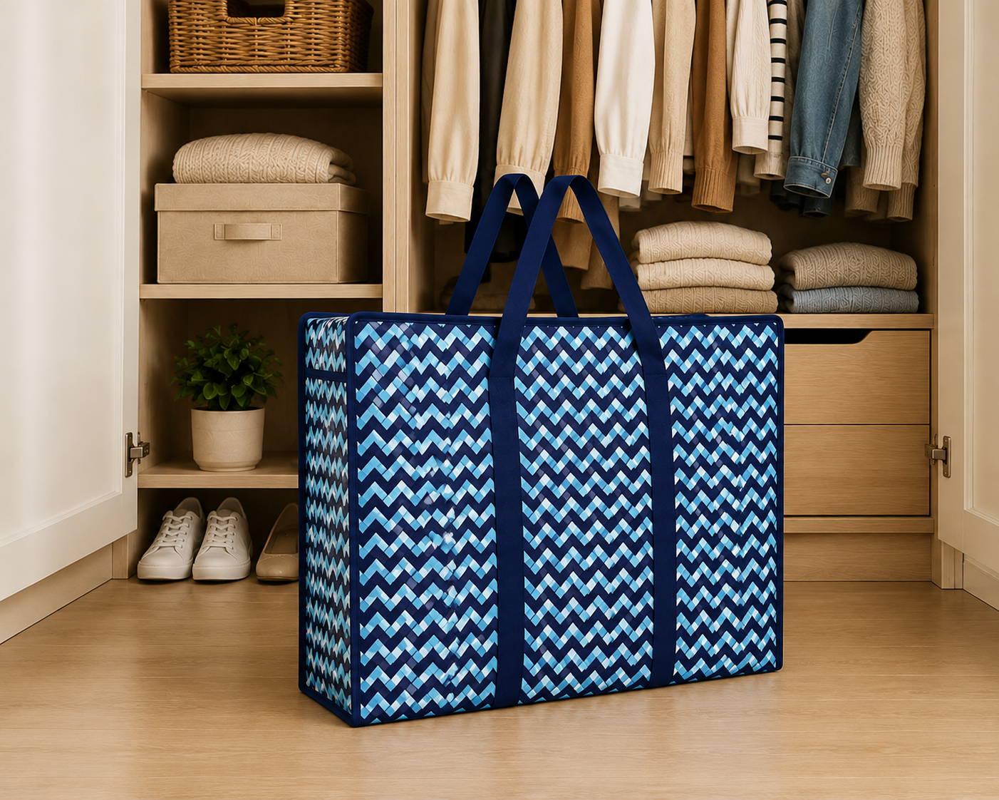 ChatGPT Image Aug 5 2026 09_32_46 AM - Butterflygifts Ltd Blue zigzag storage bag with dark handles placed in front of an open closet filled with clothes, shelves, and shoes.