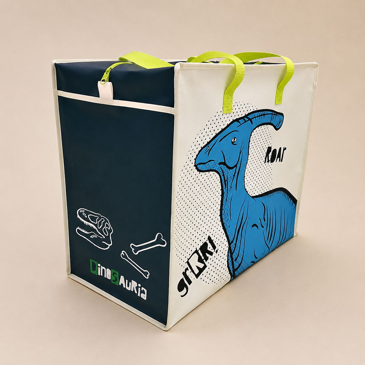 T-Rex Blue side soft background - Butterflygifts Ltd Beige tote bag with neon-green handles, blue cartoon dinosaur on a white panel, plus bone sketches and 'DINOSAURIA' branding on the side panel.