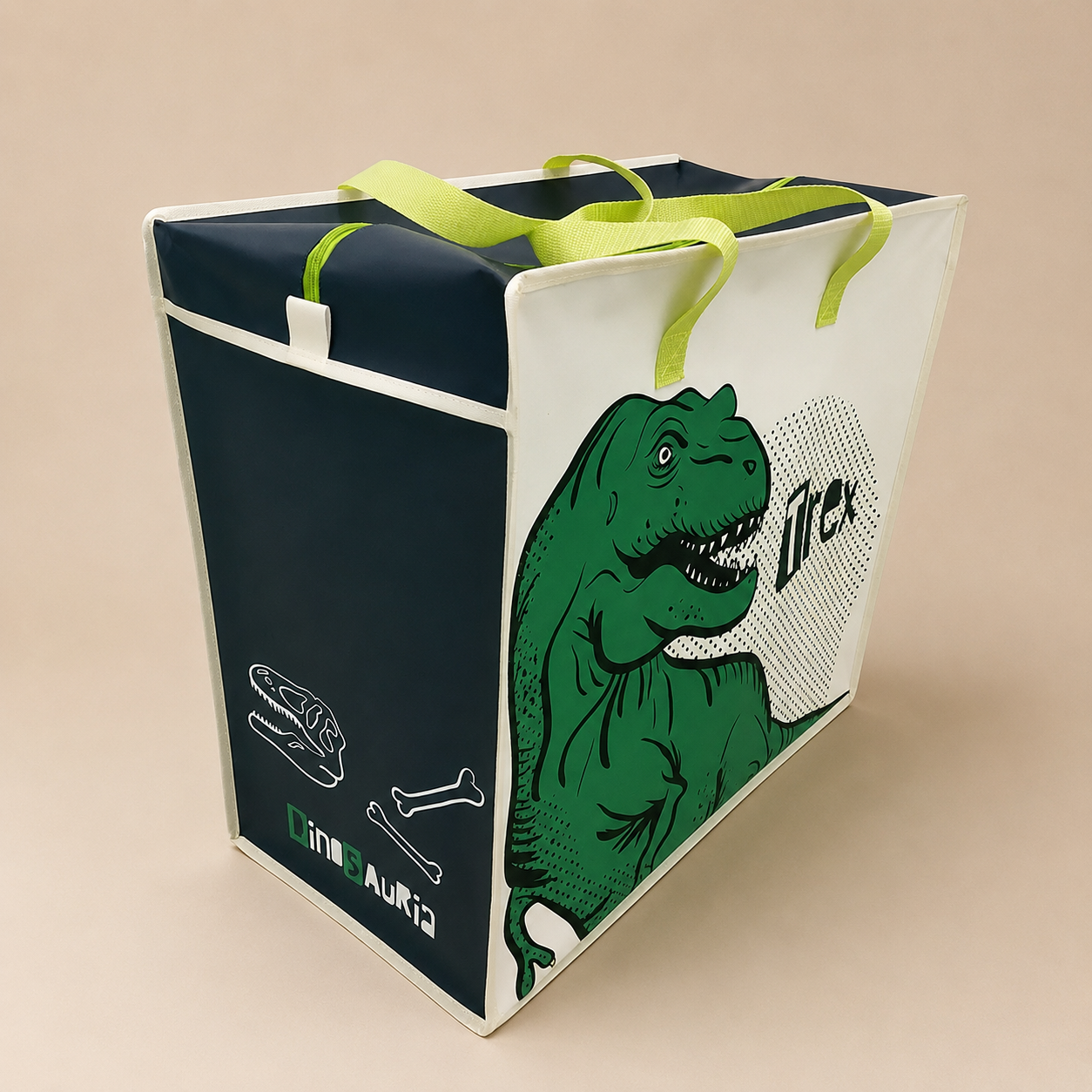 T-Rex green side soft background - Butterflygifts Ltd White and navy tote bag with lime-green handles, featuring a green T. rex illustration on the front and the text 'T. rex'.