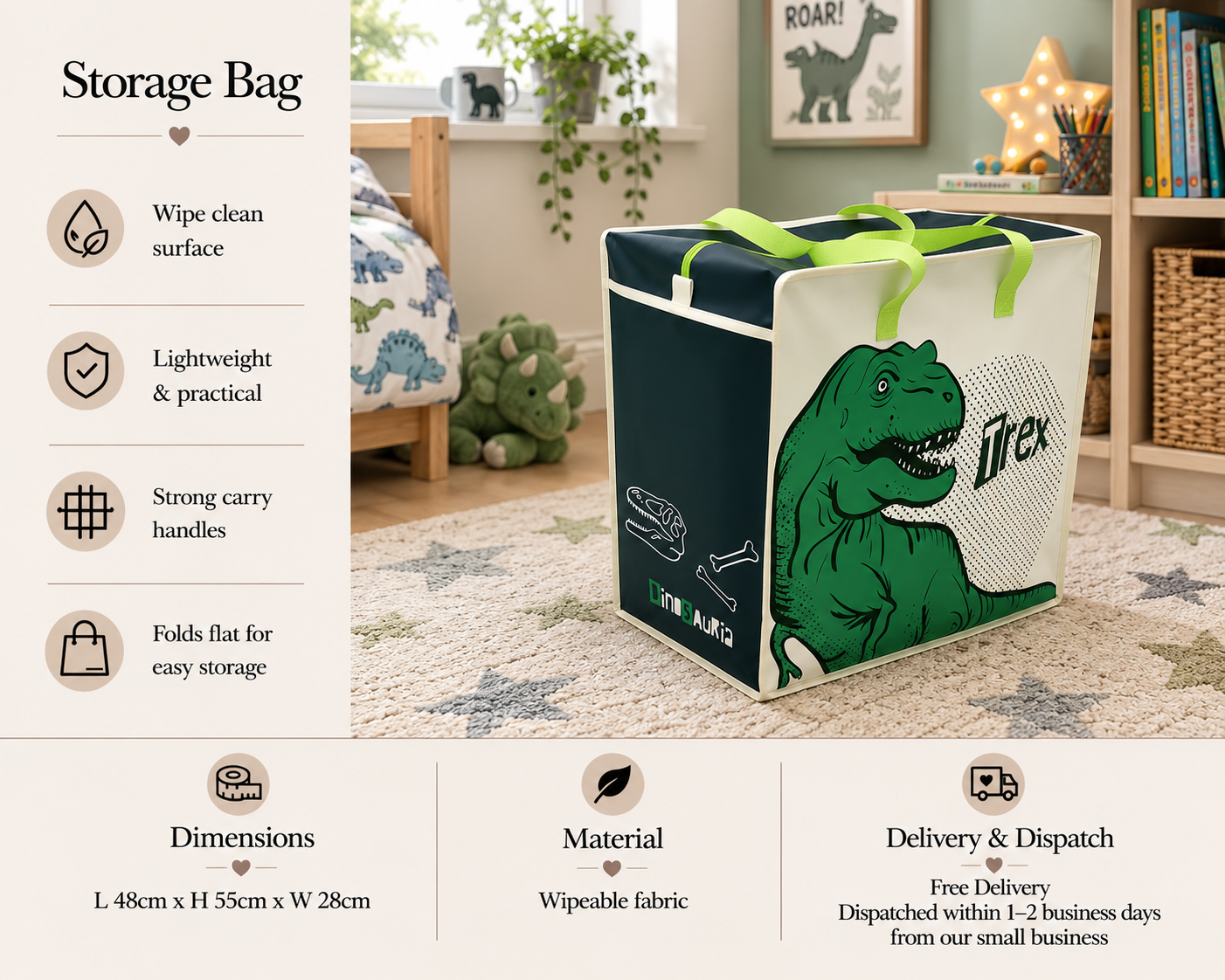 T-Rex info image - Butterflygifts Ltd Dinosaur-themed storage bag with lime-green handles in a child’s playroom; left panel lists features like wipe-clean surface and strong carry handles.