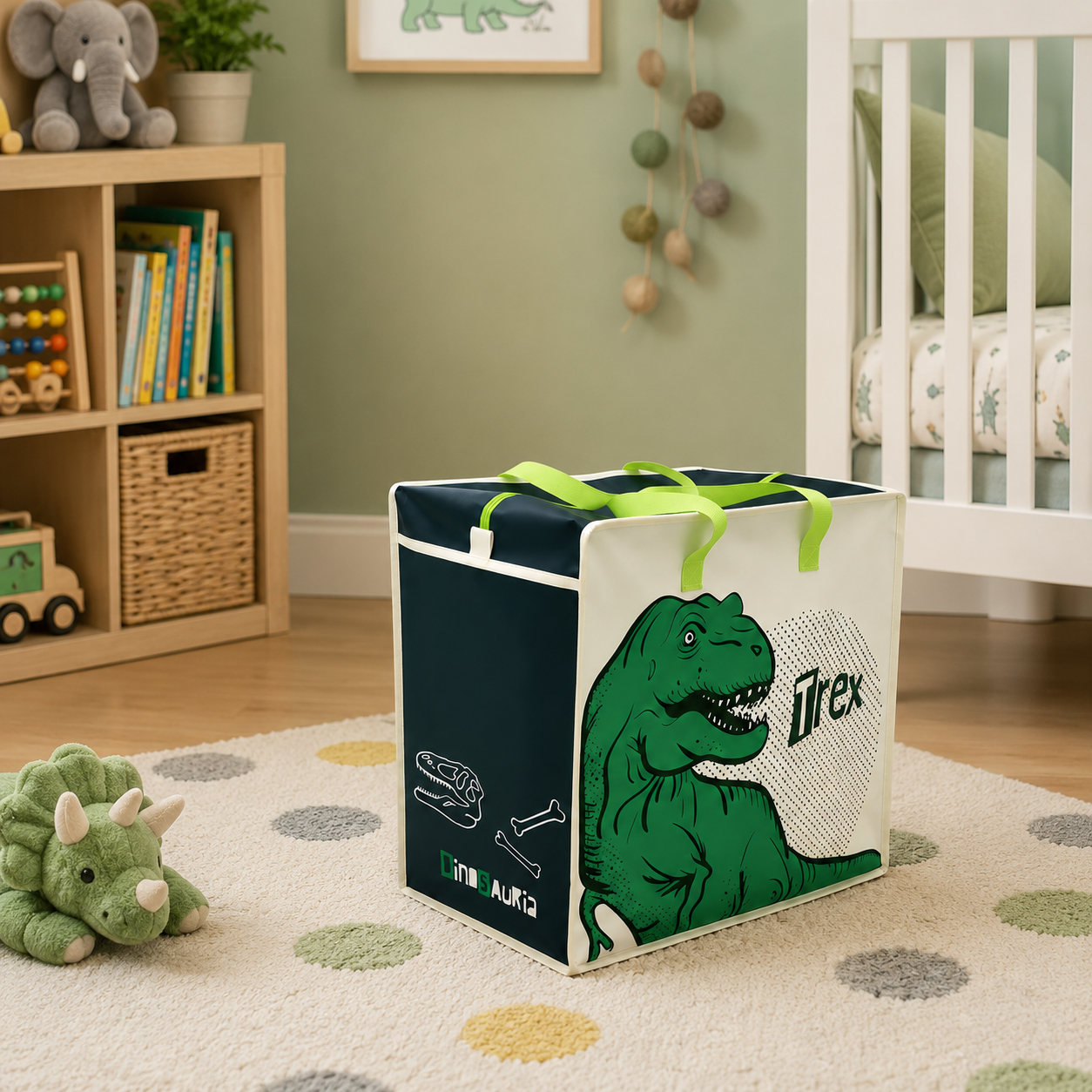 T-Rex room - Butterflygifts Ltd Dinosaur-themed fabric storage cube with green handles in a child's room, featuring a large T-Rex illustration.