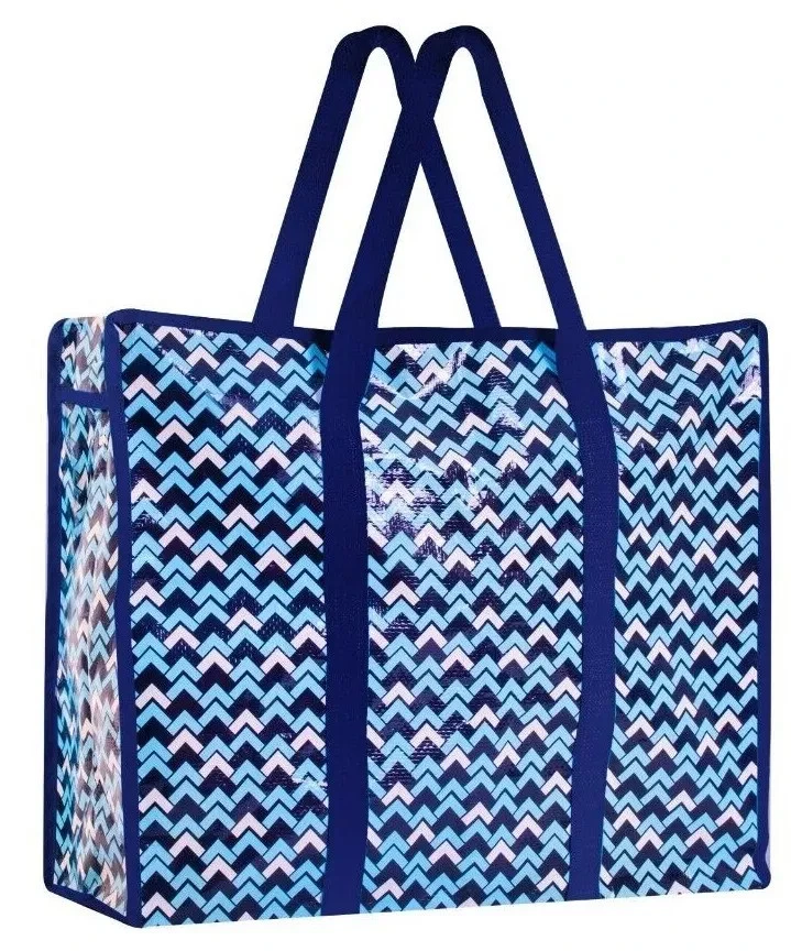laundry-BRICK - Butterflygifts Ltd Blue zigzag-patterned tote bag with dark blue handles, likely a large beach or shopping bag.