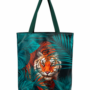 Tote bag with a tropical tiger print and teal jungle leaves.