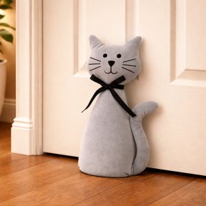 Light Grey Cat Door Stop | Fabric Doorstop Cat | Decorative Weighted Door Stop 30cm