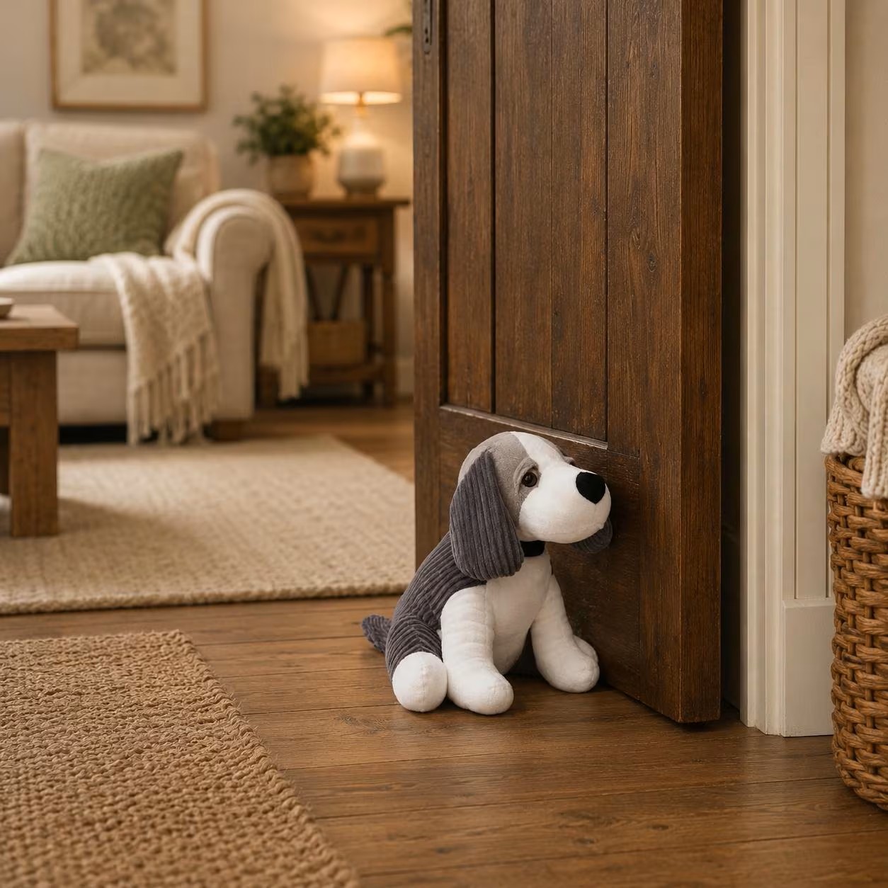 il_fullxfull8305781676_532s - Butterflygifts Ltd Plush gray-and-white dog toy peeking out from behind a dark wooden door in a cozy living room.
