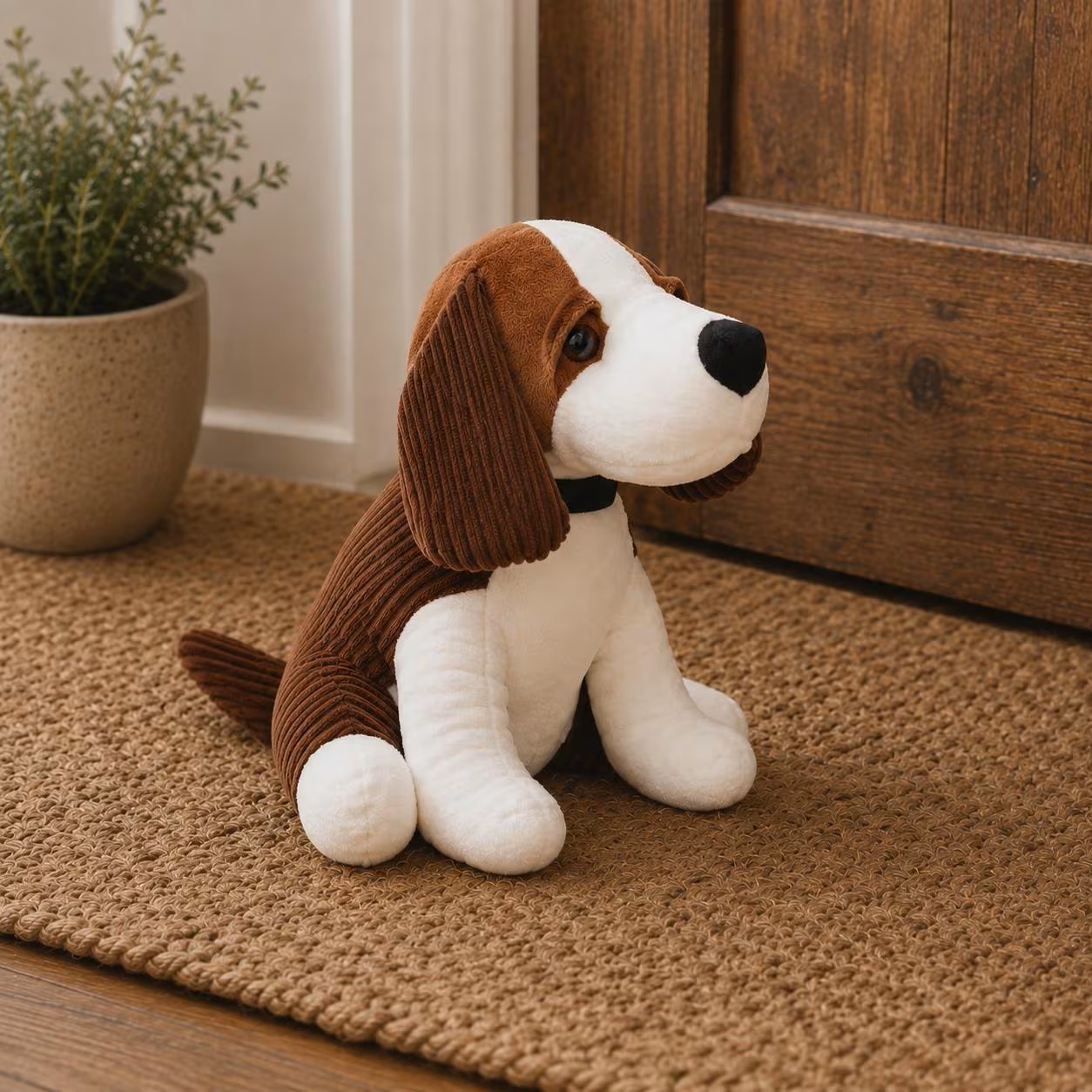 Soft plush beagle stuffed animal sitting on a woven rug by a wooden door indoors, brown and white with a black nose.] , but ensure comma separation in JSON properly.