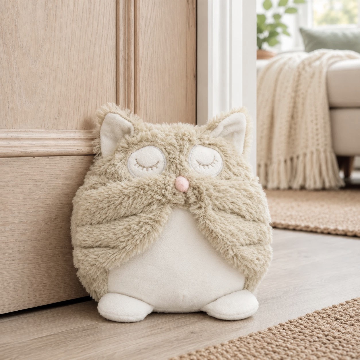 Beige plush owl toy cushion with closed eyes and a pink nose resting on a wooden floor beside a door frame.