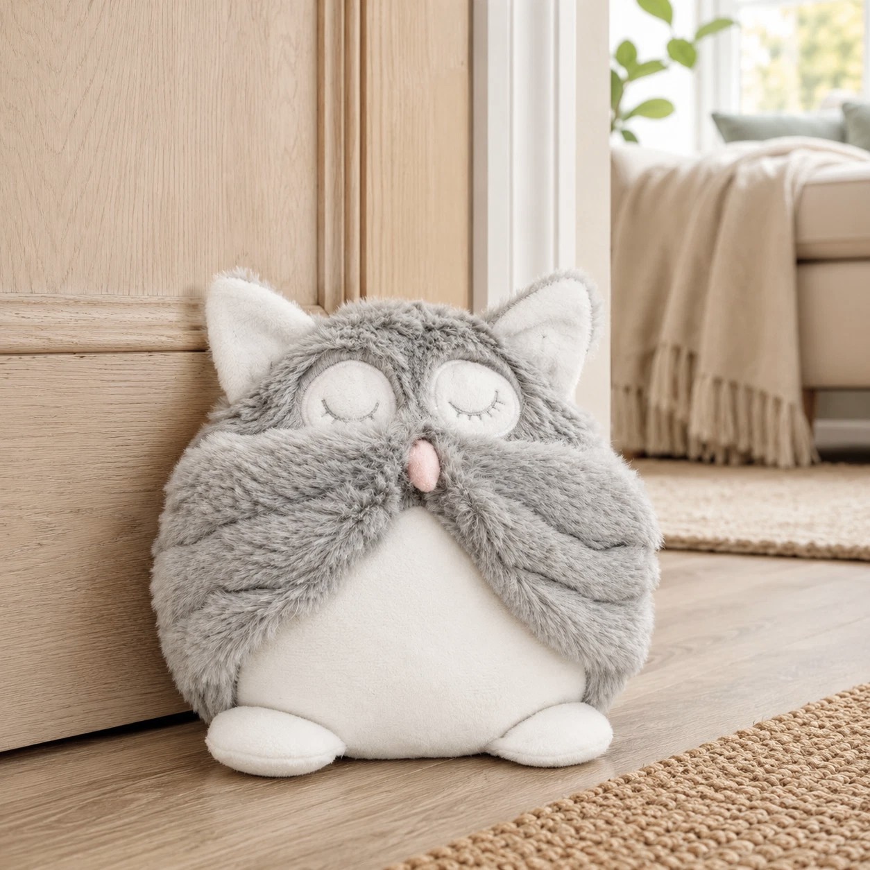 Grey plush owl toy with closed eyes and pink beak sits on a wooden floor by a light wood cabinet.