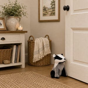 Cozy hallway corner with a plush skunk toy near an open white door, a wicker basket with a cream blanket, and a small cabinet with books and a vase of greenery.
