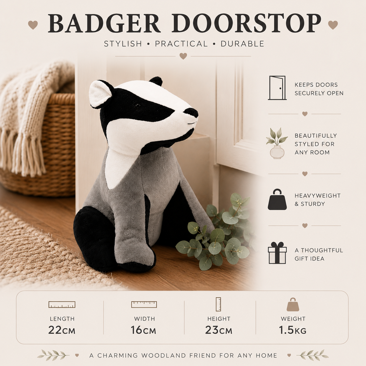 ChatGPT Image Jul 1 2026 01_30_42 PM - Butterflygifts Ltd Plush badger doorstop with neutral beige background; features list on the right highlighting keeps doors open, stylish and sturdy design, with size and weight at bottom.
