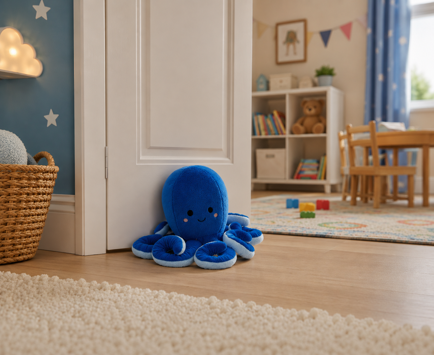 ChatGPT Image Jul 10 2026 10_49_05 AM - Butterflygifts Ltd Blue plush octopus stuffed toy sits on the wooden floor by a white cabinet in a children’s playroom.