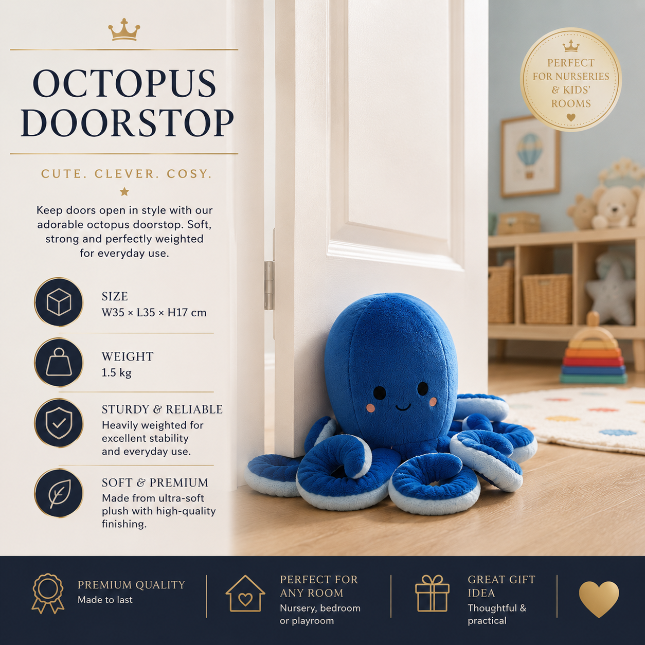 ChatGPT Image Jul 10 2026 11_00_20 AM - Butterflygifts Ltd Blue plush octopus doorstop with a smiling face and white-tipped tentacles sits by a white interior door in a bright nursery scene.
