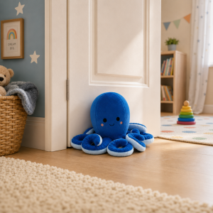 Blue plush octopus with a smiling face sits by a white cabinet in a cozy kids' room.