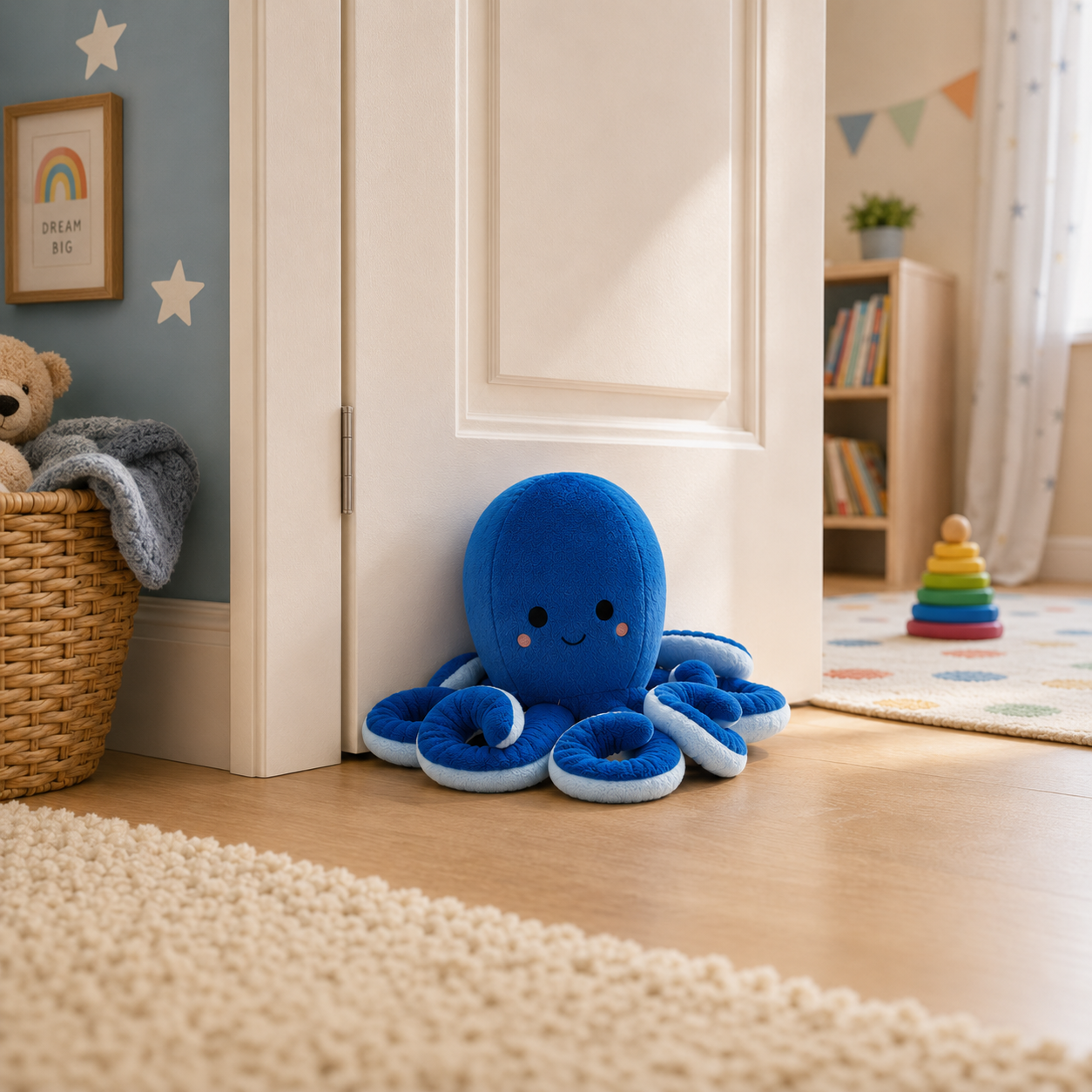 Blue plush octopus with a smiling face sits by a white cabinet in a cozy kids' room.
