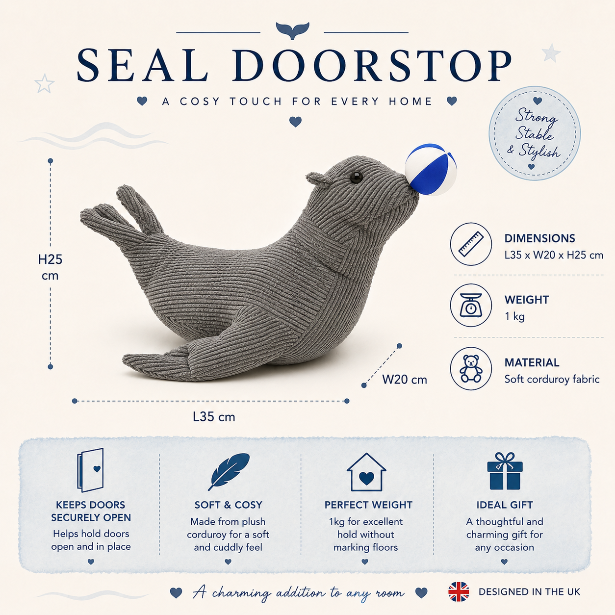ChatGPT Image Jul 2 2026 09_57_56 AM - Butterflygifts Ltd Gray corduroy seal doorstop toy with blue-ball accessory, shown with dimensions: L35 cm × W20 cm × H25 cm, 1 kg; material: soft corduroy fabric; features "Strong, Stable & Stylish."