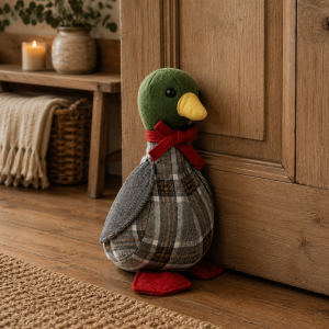 Plush duck toy with a green head, red bow, and plaid body leaning against a wooden cabinet in a cozy room.