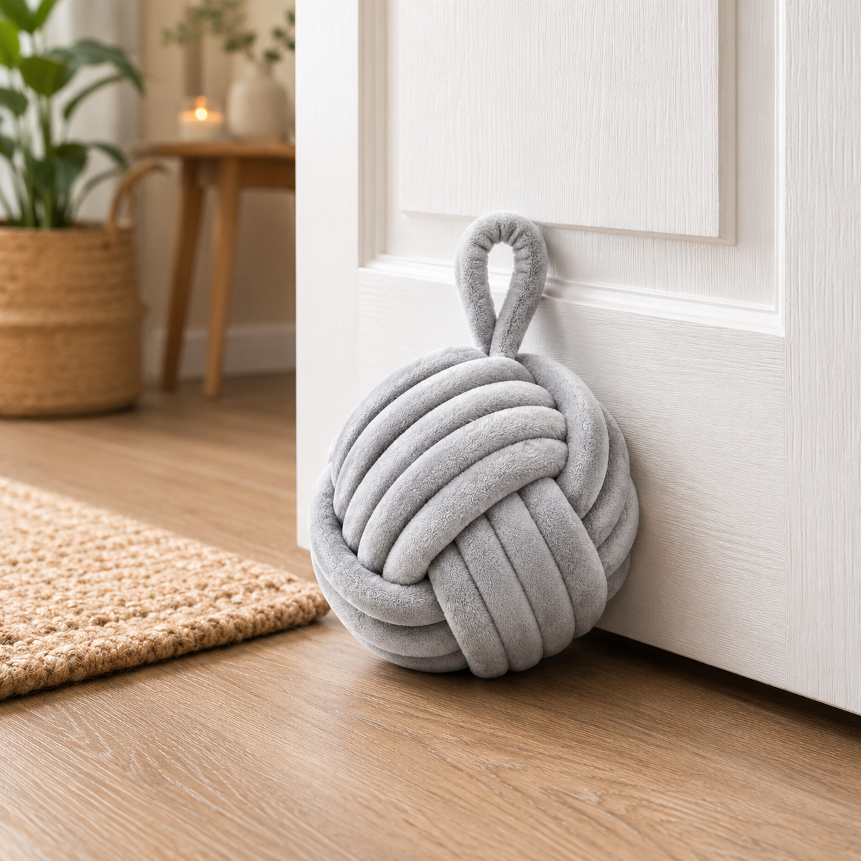 Gray knotted rope pouf resting against a white door in a bright, cozy room with a wooden floor and woven rug nearby