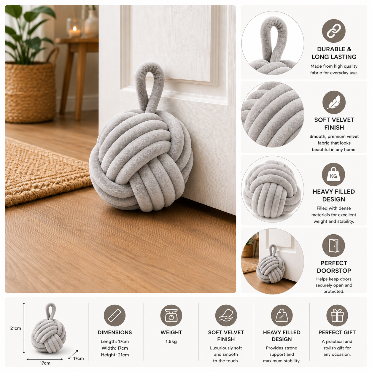 ChatGPT Image Jul 6 2026 01_33_08 PM - Butterflygifts Ltd Gray velvet knot cushion on a wooden floor beside a white door, with a right-side panel describing its durability, soft velvet finish, and heavy filling features.