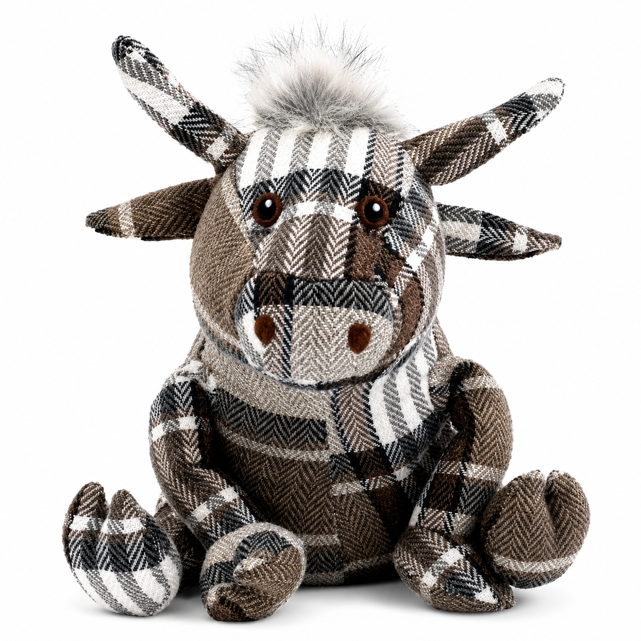 ChatGPT Image Jul 7 2026 09_31_39 AM - Butterflygifts Ltd Plush cow toy made from brown, beige, and white plaid fabric with black beady eyes and a fluffy tuft of fur on its head, sitting upright.
