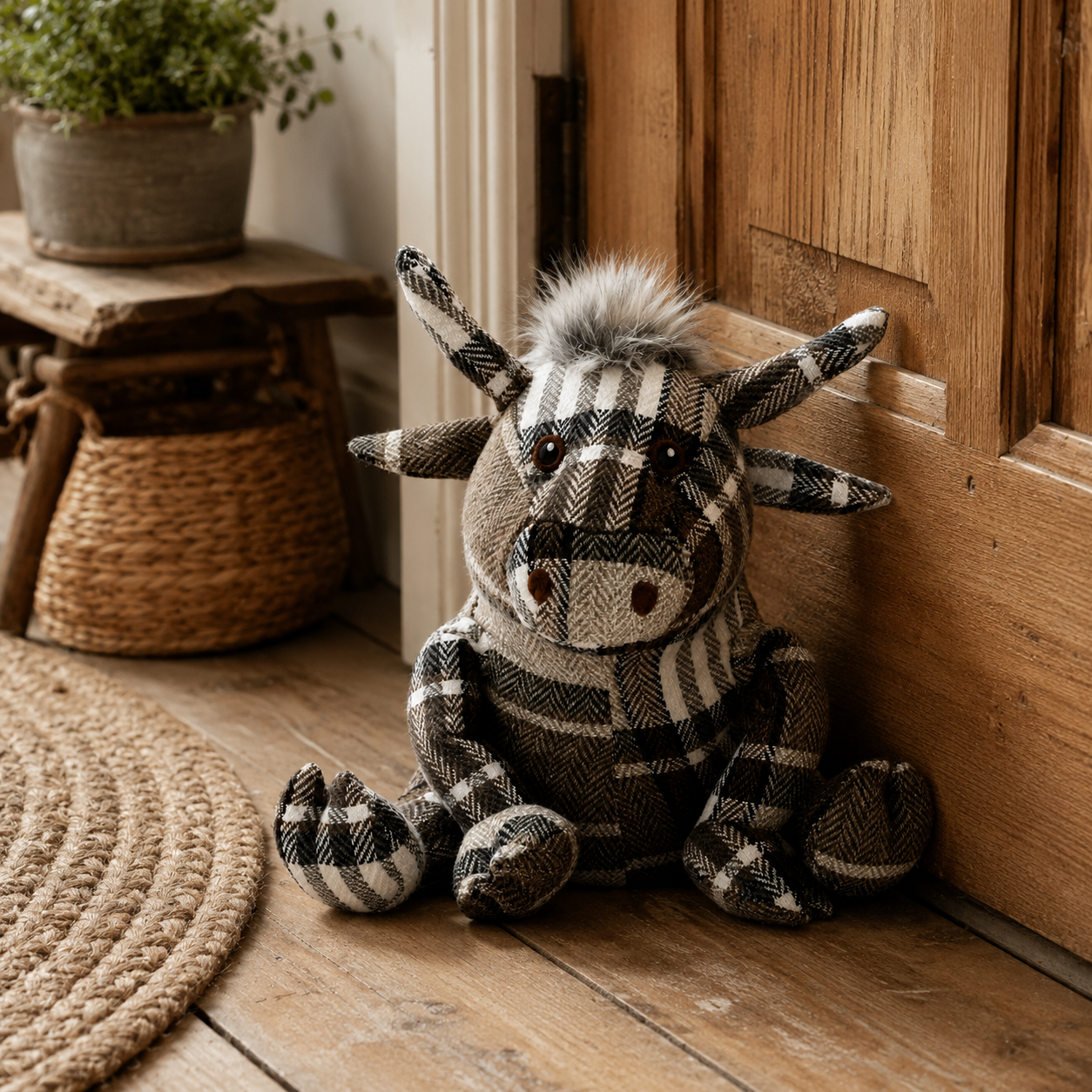 Plaid fabric stuffed cow with fluffy gray horns sits on a wooden floor near a door.
