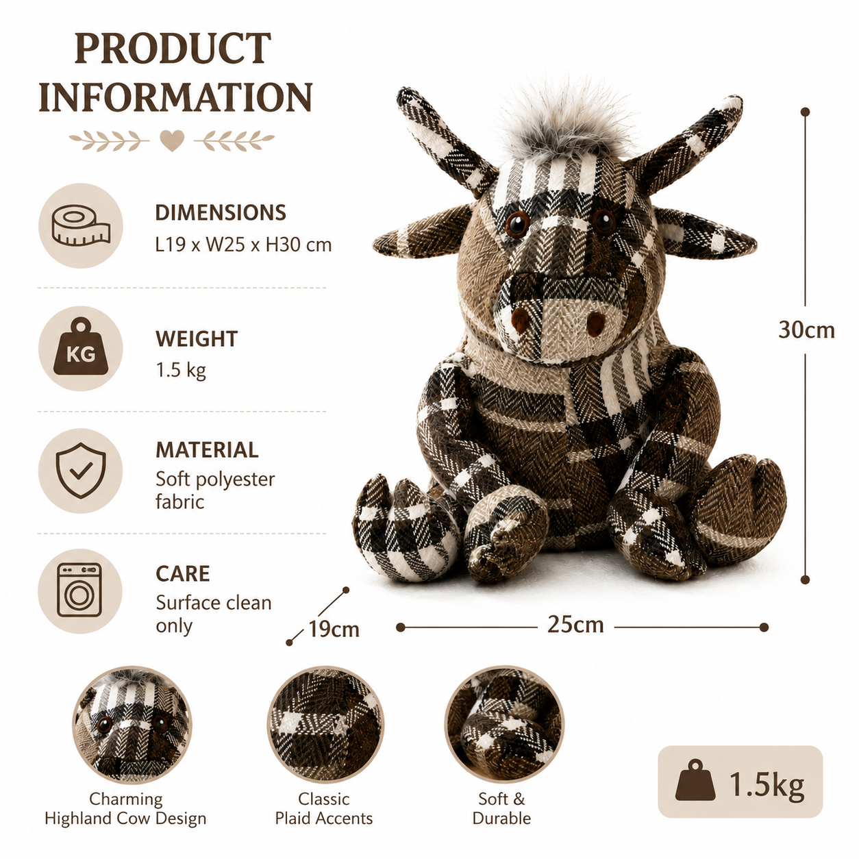 ChatGPT Image Jul 8 2026 09_12_03 AM - Butterflygifts Ltd Plush cow toy product info: dimensions 19×25×30 cm, weight 1.5 kg, soft polyester fabric, care: surface clean only, 30 cm tall.