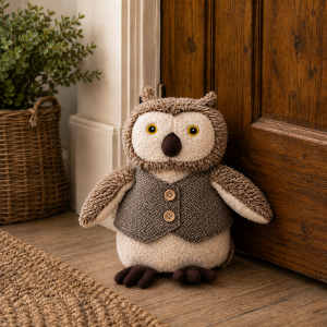 Plush owl toy with yellow eyes sits on a wooden floor near a dark wood door, wearing a grey vest.