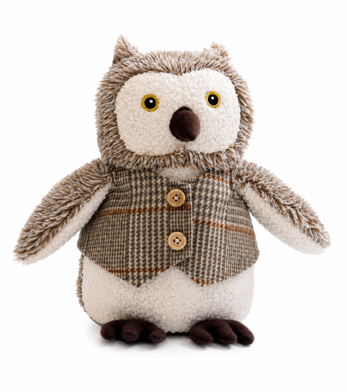 ChatGPT Image Jul 9 2026 07_17_50 AM - Butterflygifts Ltd Plush toy owl with beige face and brown fur wearing a plaid vest with two wooden buttons.