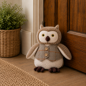 Plush owl toy with a plaid vest sits on a wooden floor near a door and a plant in a woven basket behind it.