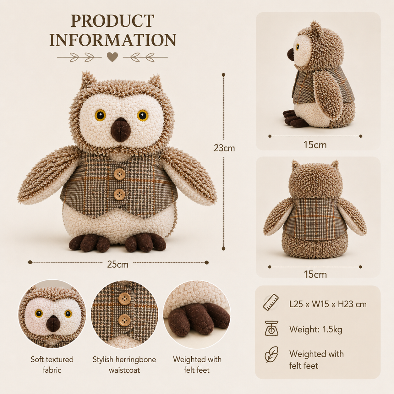 ChatGPT Image Jul 9 2026 08_28_24 AM - Butterflygifts Ltd Plush owl toy in a plaid waistcoat; soft textured fabric, weighted felt feet; dimensions L25 x W15 x H23 cm; weight 1.5 kg.