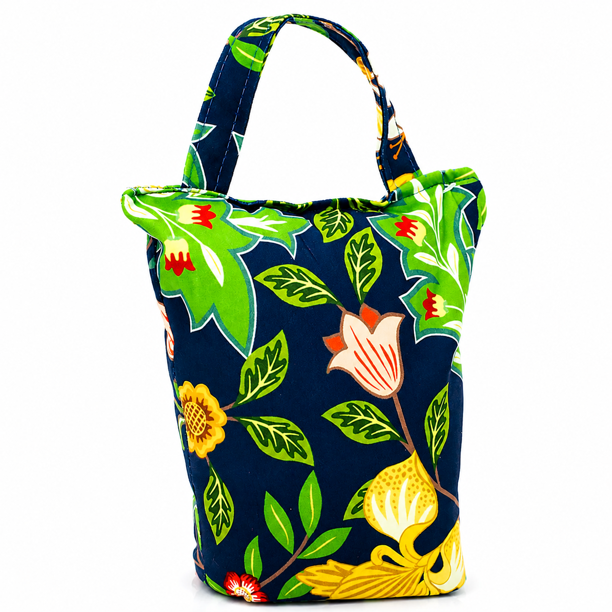 ChatGPT Image Jul 9 2026 10_38_27 AM - Butterflygifts Ltd Colorful fabric tote bag with a blue background and tropical floral print, green leaves, and yellow flowers; handles visible.