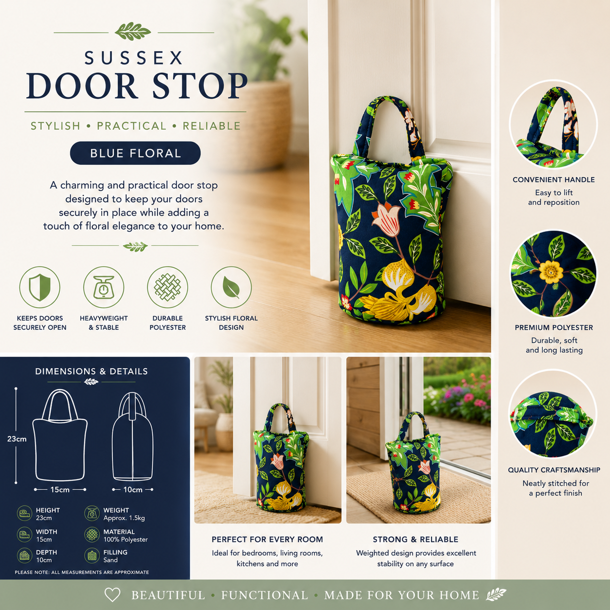 ChatGPT Image Jul 9 2026 10_49_20 AM - Butterflygifts Ltd Floral blue door stop bag displayed by a doorway, promoting stylish, practical, reliable design in botanical pattern.