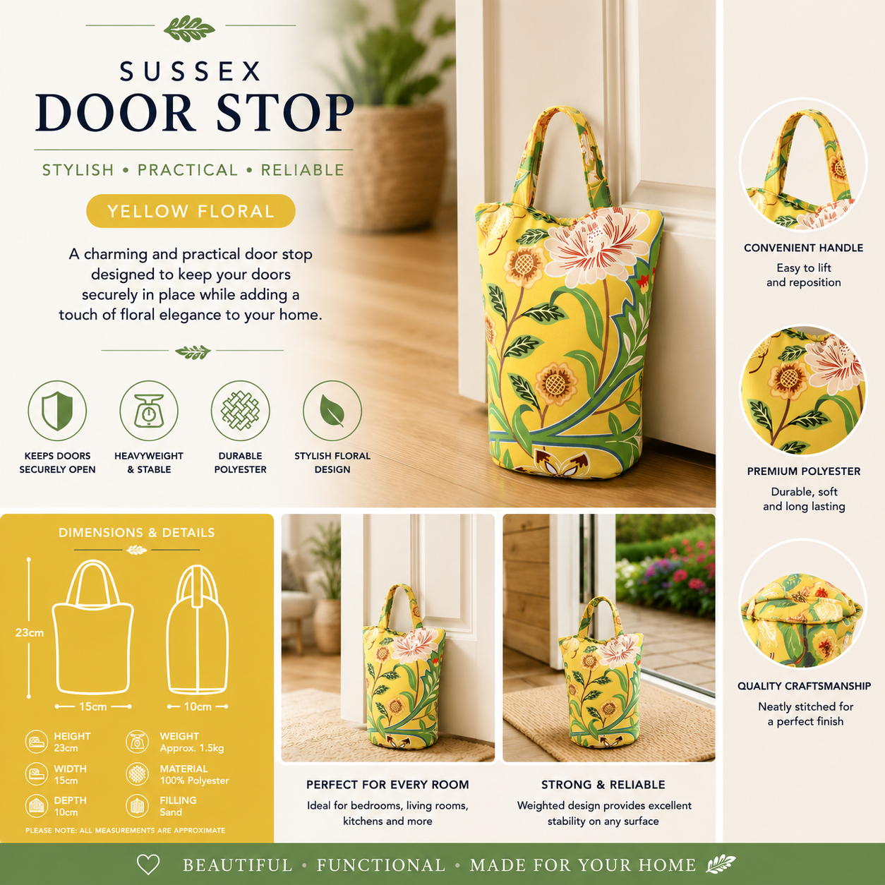 ChatGPT Image Jul 9 2026 10_52_33 AM - Butterflygifts Ltd Floral yellow door stop bag by Sussex, with green leaves; features highlight stylish, practical, reliable design and dimensions panel on left.