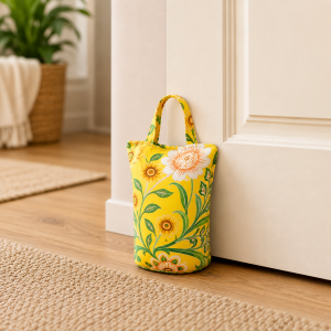 Yellow floral tote bag leaning against a white cabinet in a bright, cozy room.