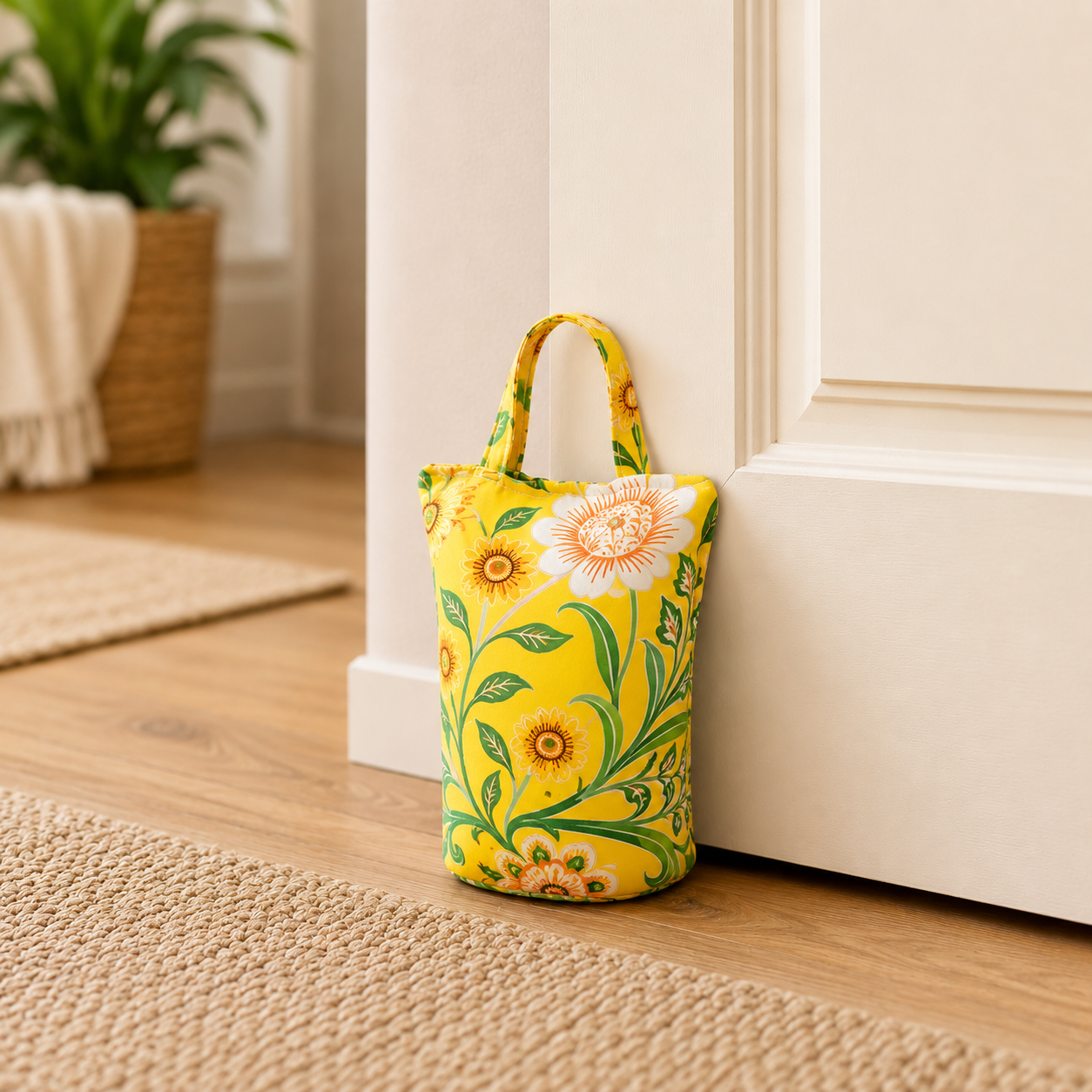 Yellow floral tote bag leaning against a white cabinet in a bright, cozy room.