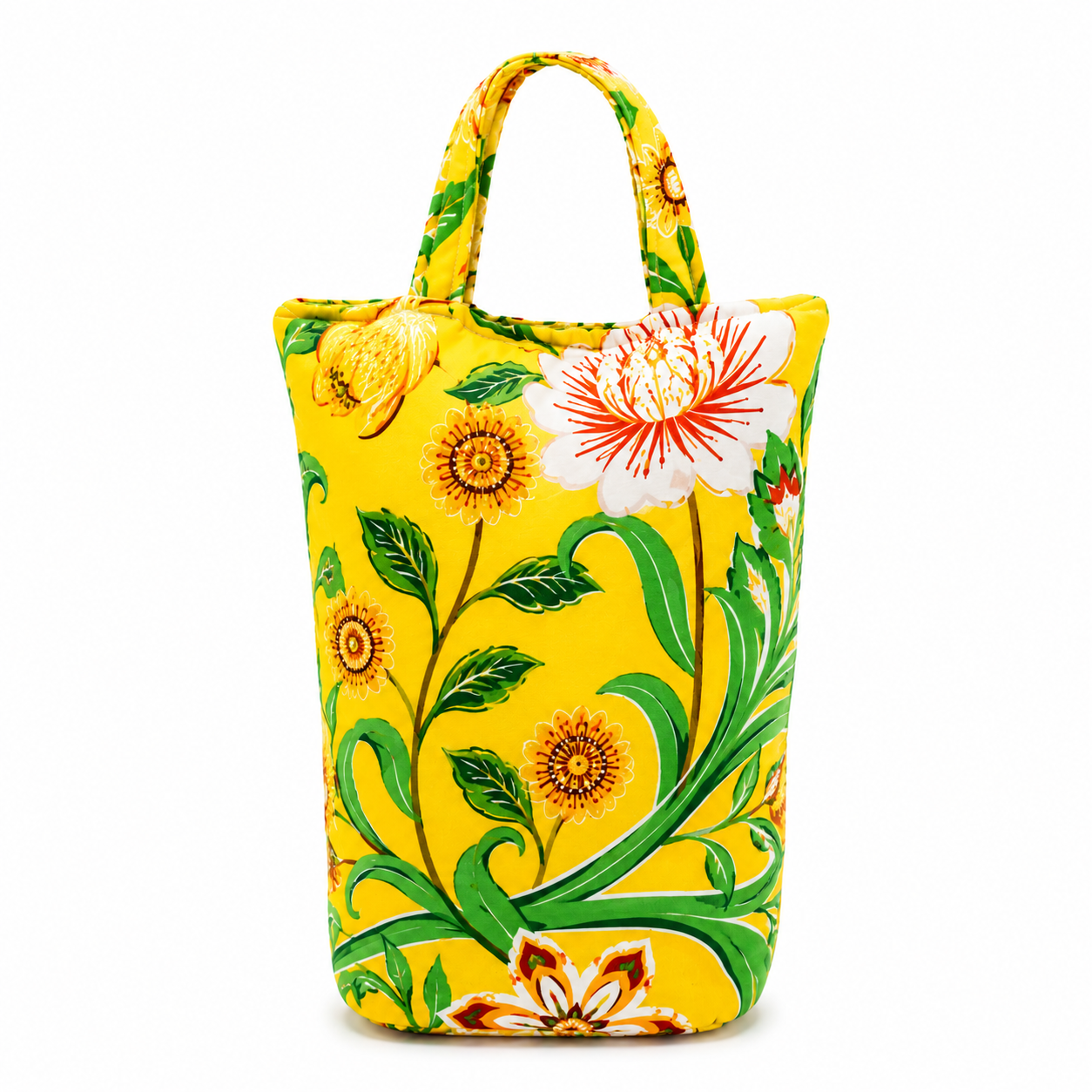 ChatGPT Image Jul 9 2026 10_57_33 AM - Butterflygifts Ltd Vibrant yellow floral tote bag with large white and orange flowers and green leaves, standing upright against a white background.