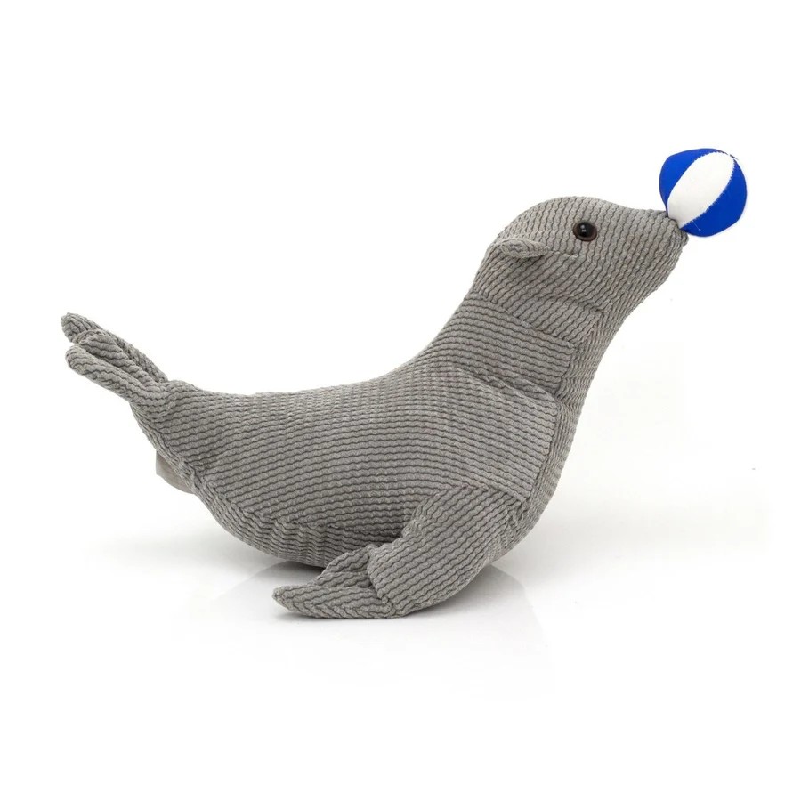 cute-grey-seal-lion-fabric-doorstop-novelty-animal-decorative-door-stop-2756727 - Butterflygifts Ltd Gray knitted seal plush toy balancing a small blue-and-white ball in its mouth on a white background.