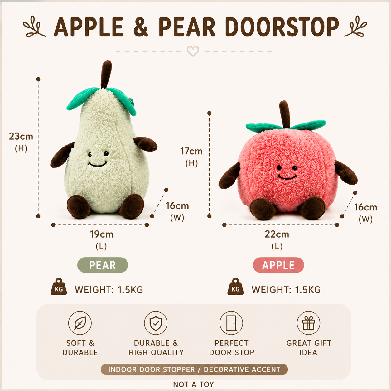 doorstop-APPLE PEAR- BOTH-info-image - Butterflygifts Ltd Two plush doorstops (pear on left, apple on right) with size/weight: pear 23×19×16 cm, 1.5 kg; apple 17×22×16 cm, 1.5 kg.