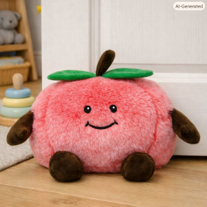 Pink plush peach with a smiling face, brown arms and feet, and green leaves, sitting on a wooden floor by a white door in a child's room.