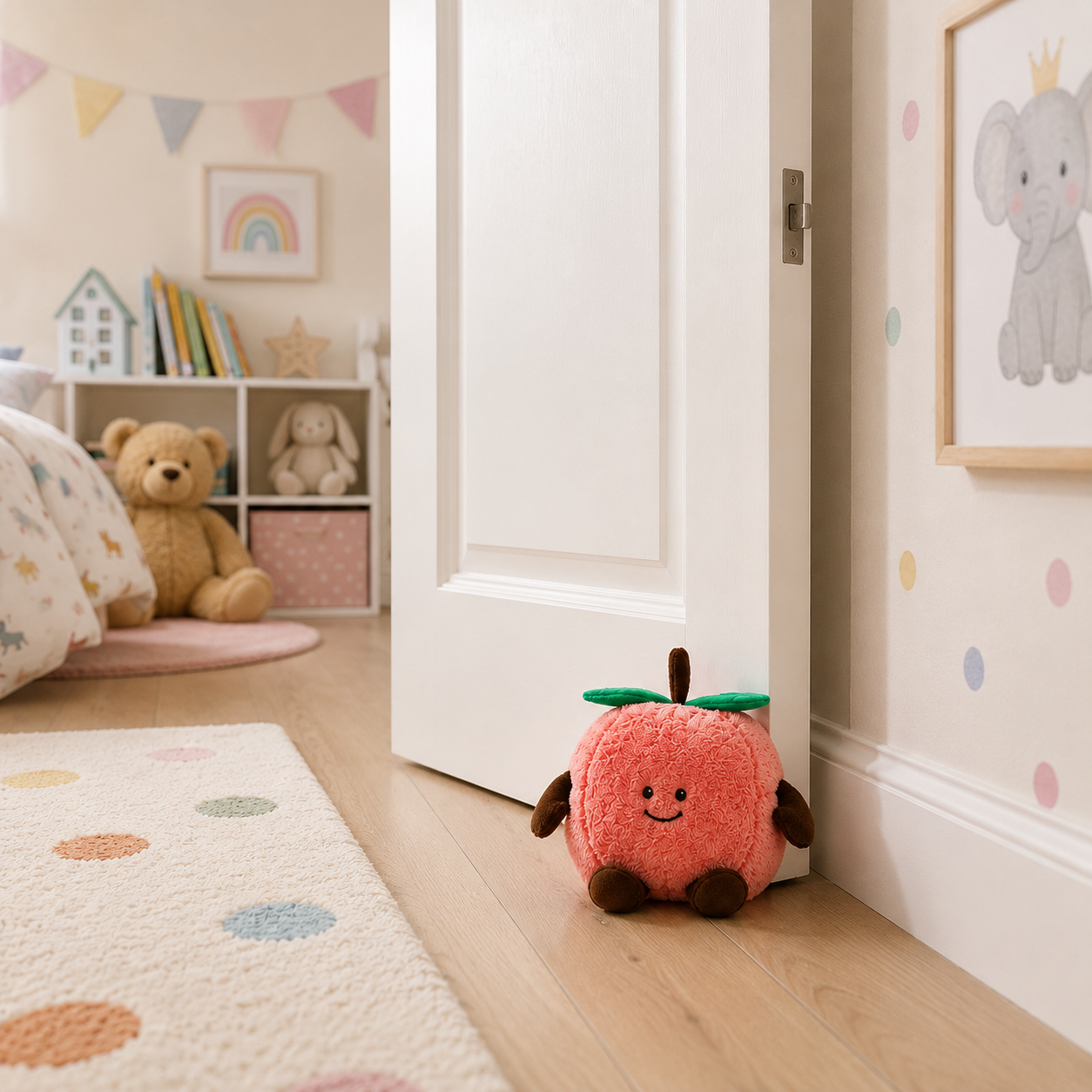 doorstop-APPLE-nursery - Butterflygifts Ltd Pink plush apple toy with a smiling face sits on a light wooden floor beside an open white door in a pastel kids' bedroom.