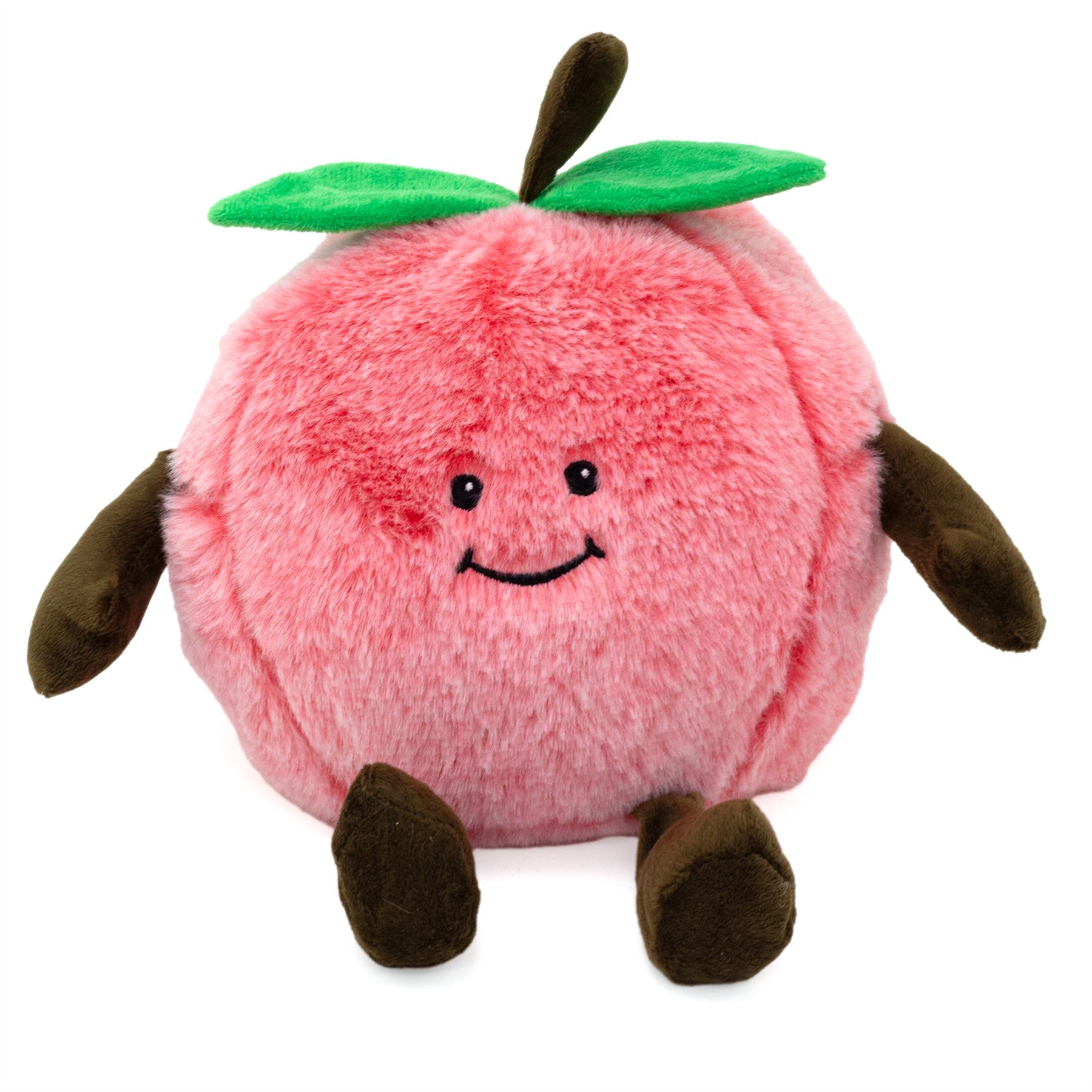 doorstop-APPLE-plain - Butterflygifts Ltd Pink fuzzy plush fruit with green leaves and brown limbs, smiling face (peach character plush)