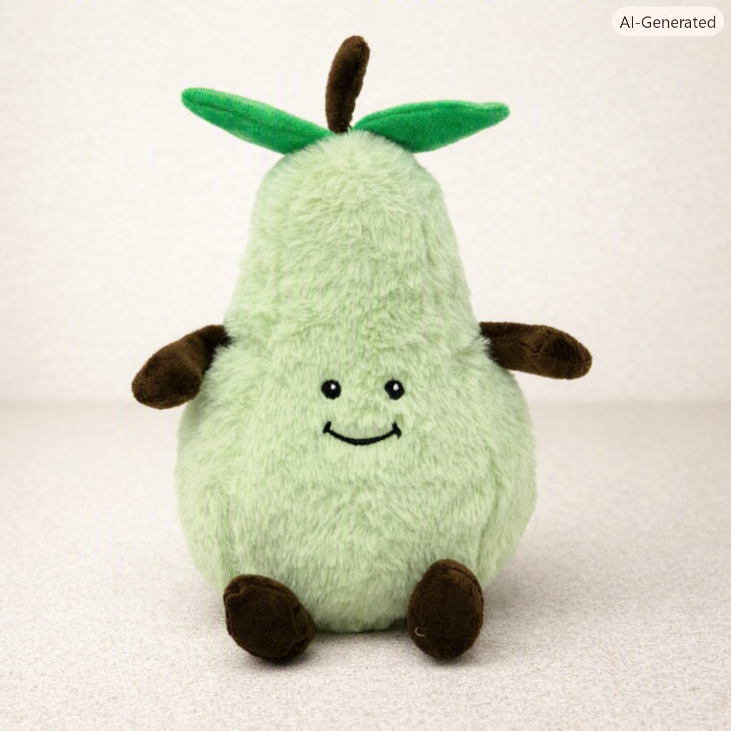 doorstop-PEAR-Plain -background - Butterflygifts Ltd Cute green pear-shaped plush toy with brown arms and legs and a smiling face.