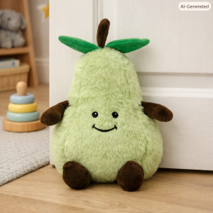 Green plush pear toy with a smiling face sits against a white door in a nursery.