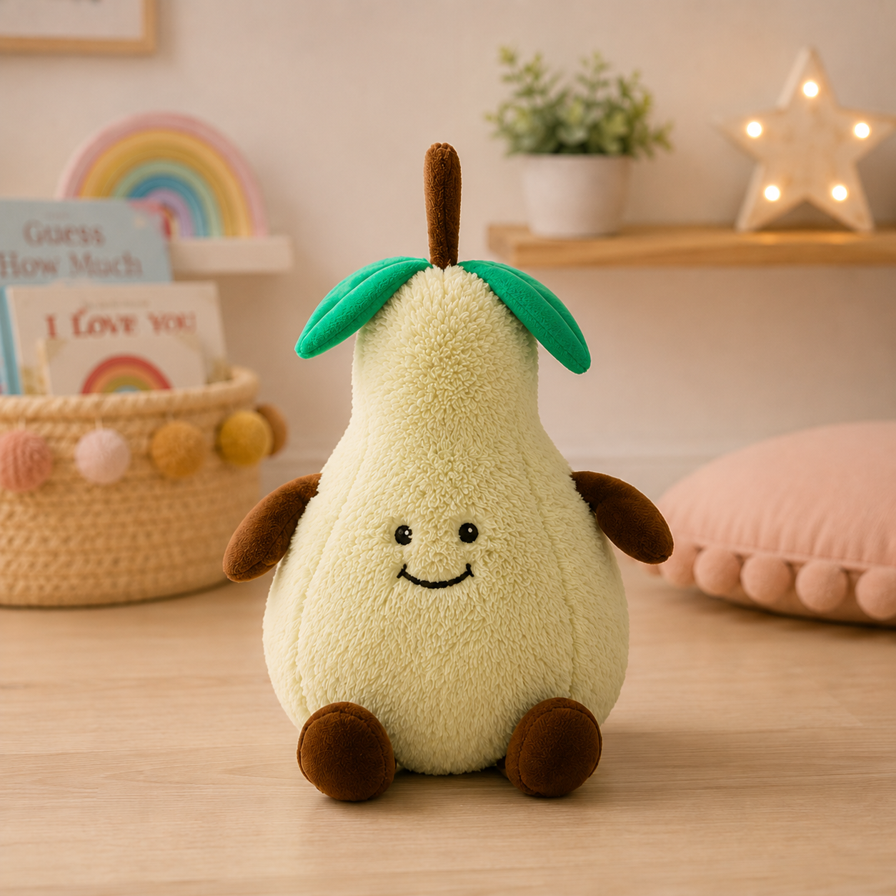 doorstop-PEAR-table - Butterflygifts Ltd Soft plush pear toy with a smiling face, brown arms and feet, and green leaves, sitting on a wooden floor in a cozy playroom.