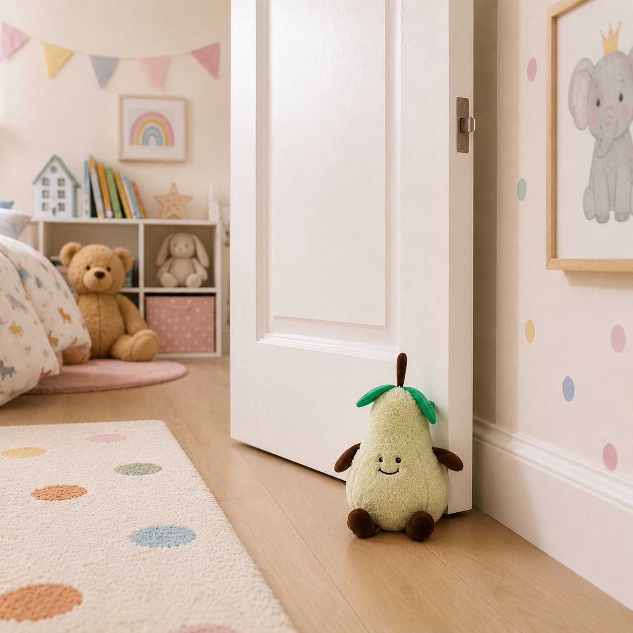 doorstop-PEARnursery - Butterflygifts Ltd Pastel-colored kids’ room with a pear plush at an open door and stuffed animals on a shelf in the background.