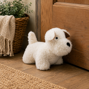 White plush dog toy sits on a wooden floor near a wicker basket with a green plant and beige blanket.