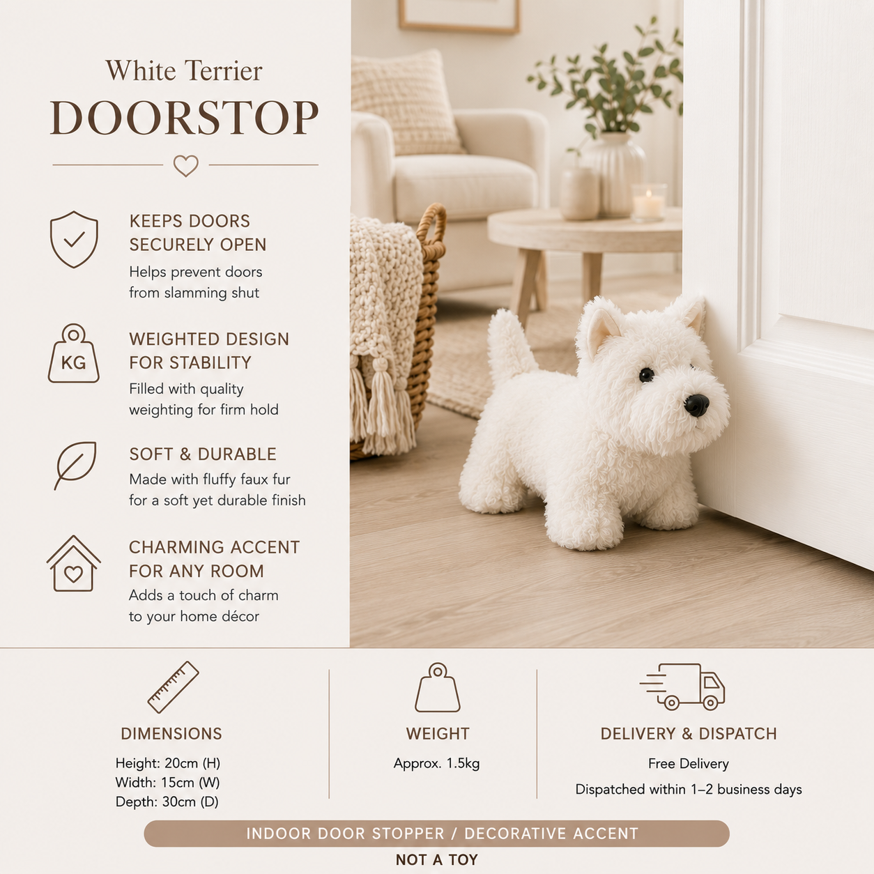 doorstop-WHITE-TERRIER-DOG-info-image - Butterflygifts Ltd Ad image for a White Terrier doorstop; plush white dog doorstop sits by a doorway in a cozy living room with features listed on the left panel.