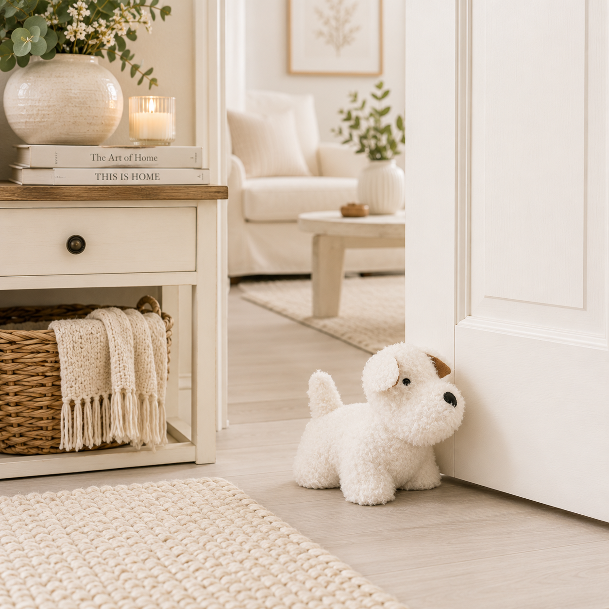 doorstop-WHITE-TERRIER-DOG-room-setting-white - Butterflygifts Ltd Cozy white living area with a woven basket, knitted throw, and stack of books on a console; a lit candle adds warm light, and a plush white dog sits by the door.