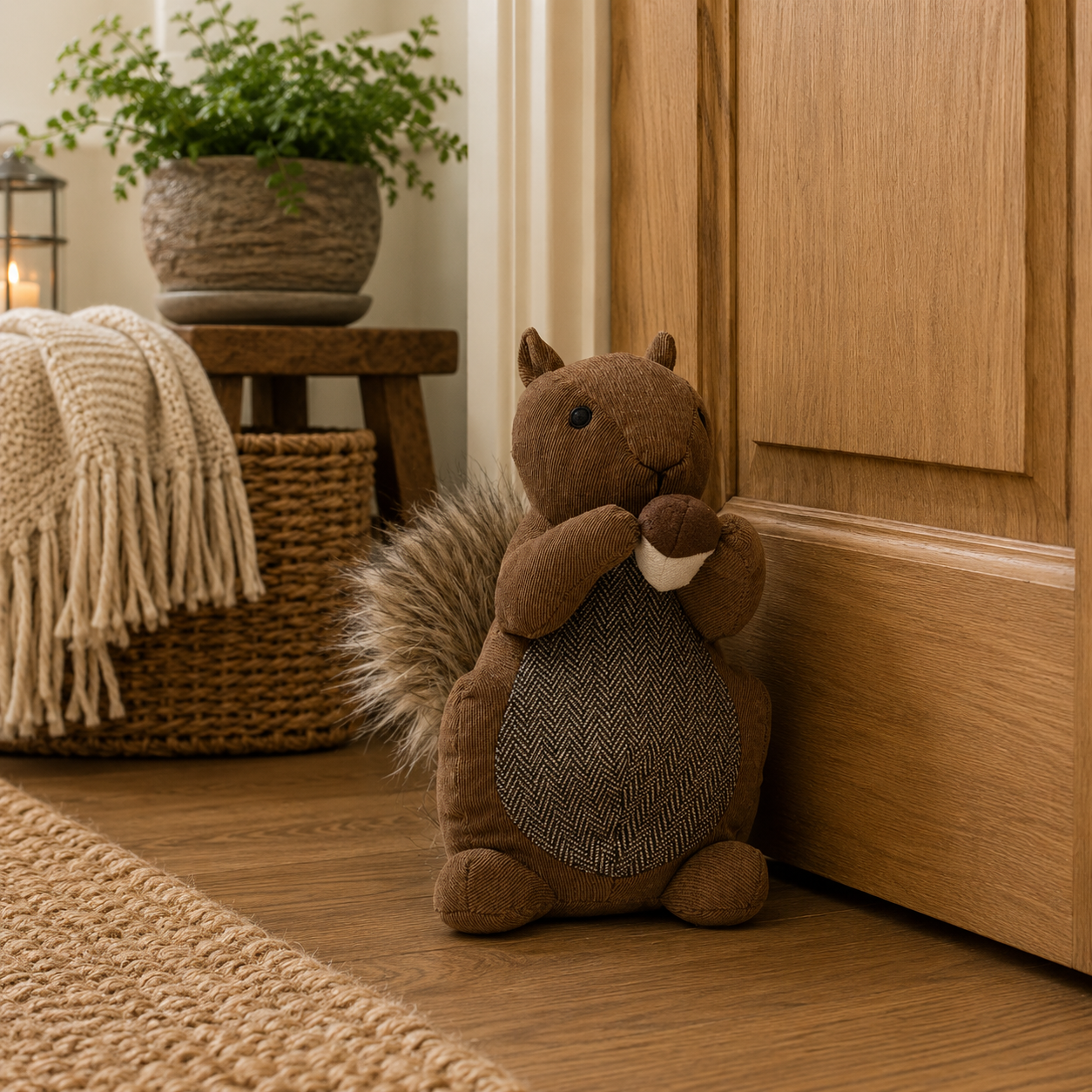 Brown plush squirrel toy sits on a wooden floor beside a cabinet in a cozy, neutral-toned room.